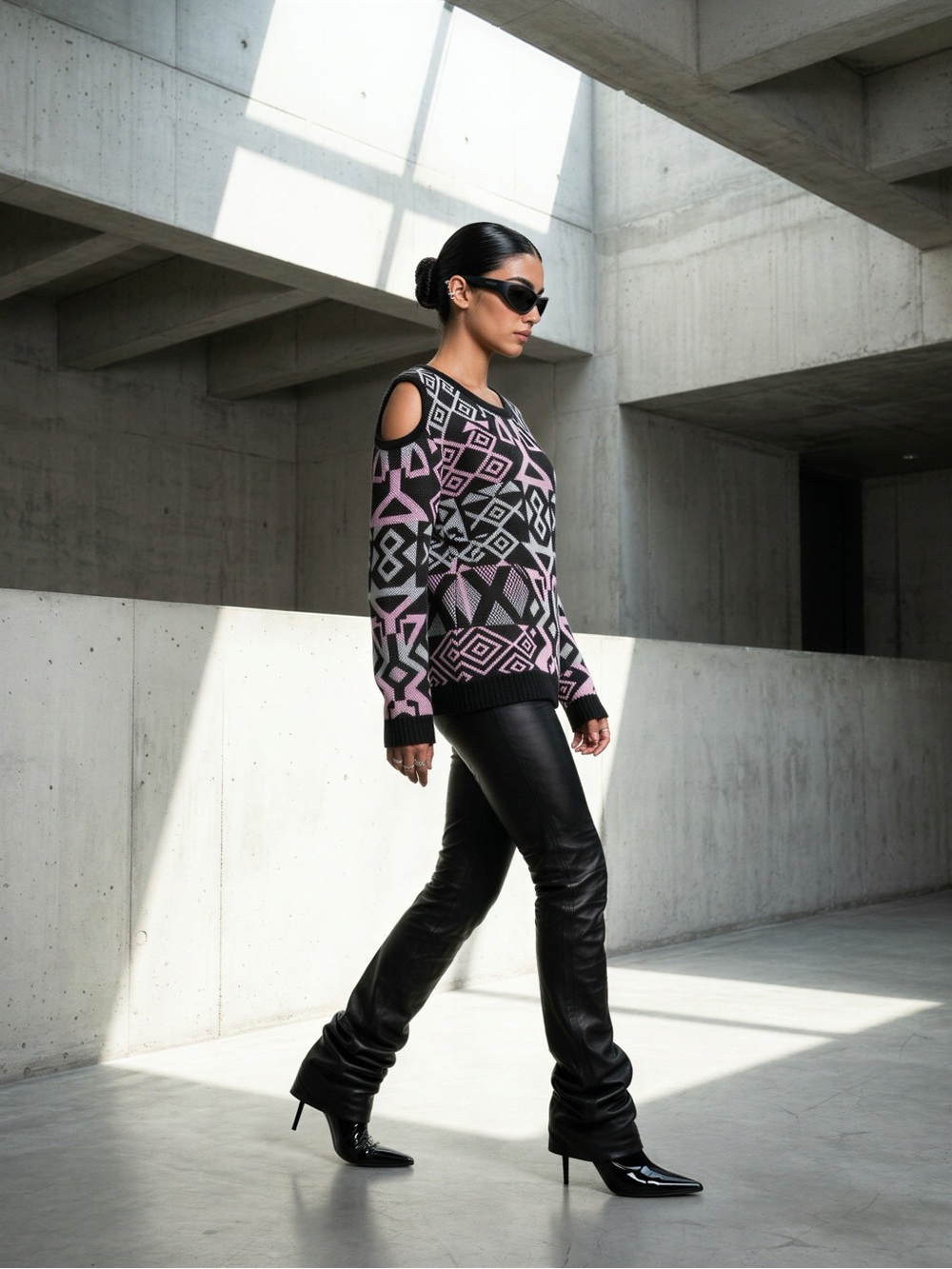 Women's vintage Black & Pink Geometric Cold-Shoulder Sweater